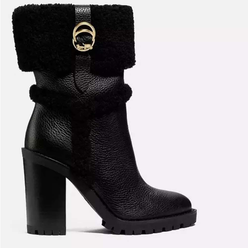 SOLD OUT: Coach - Harlie Black Leather and Shearling Women's Bootie.